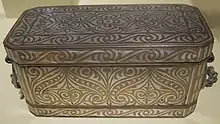 Copper betel nut box with silver inlay