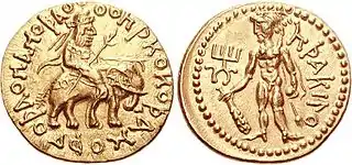 Herakles on the reverse of a Kushan coin of emperor Huvishka (140-180 CE).