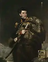 A man in ceremonial naval uniform looks right, gaping a large sword in his right hand. A navigational instrument stands on a table, lower right.